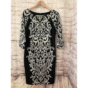 Chris McLaughlin Sweater Dress Womens 14 Midi Black Medallion Print Knit